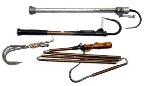 GAFFS ( Qty): A brass multi section vintage poachers gaff, turned wood handle, pull through string