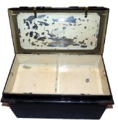 TACKLE BOX?: Vintage black japaned tin box, The Holborn Surgical Instrument Coy London, twin slide