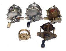 REELS: (5) Four American style raised pillar bass fly reels, in 40 and 60 line sizes, incl. an early