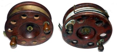 REELS: (2) Pair of English mahogany/brass big game star back reels, both 7