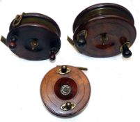 REELS: (3) Pair of Heaton's Sun Patent Nottingham wood and brass star back reels, 6