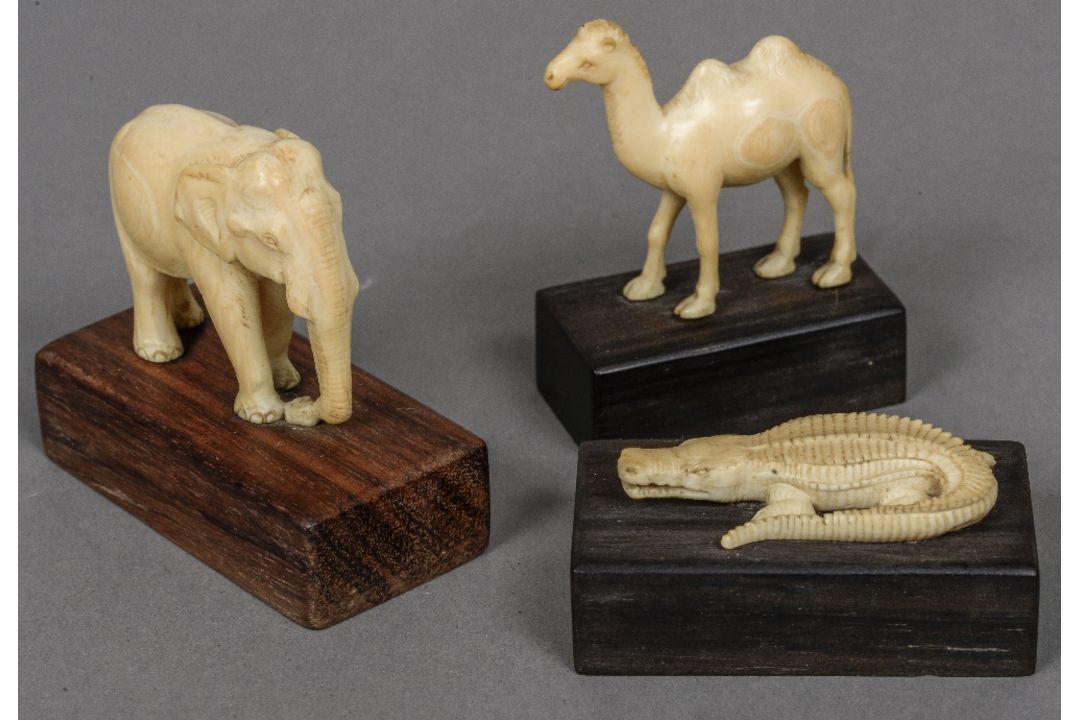 Three small carved ivory models of animals, possibly Indian An elephant, a camel and a crocodile,