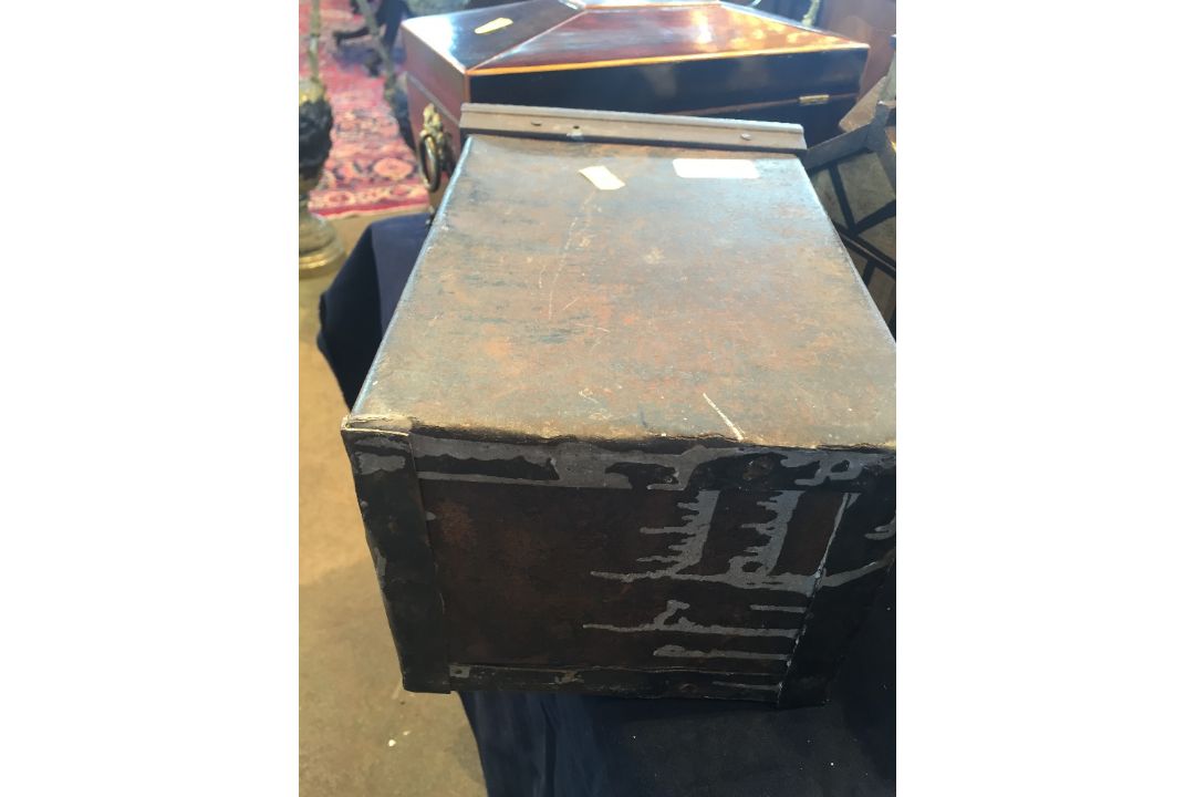 A Victorian decorated metal wall safe The fall front worked with a floral spray. 24.5 cm deep. - Image 5 of 5
