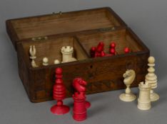 A 19th century stained and carved ivory Washington/Barley Corn pattern chess set The kings 9 cm