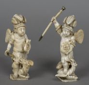 A pair of 18th/19th century Dieppe carved ivory figures Each formed as a cherub fighting a dragon.