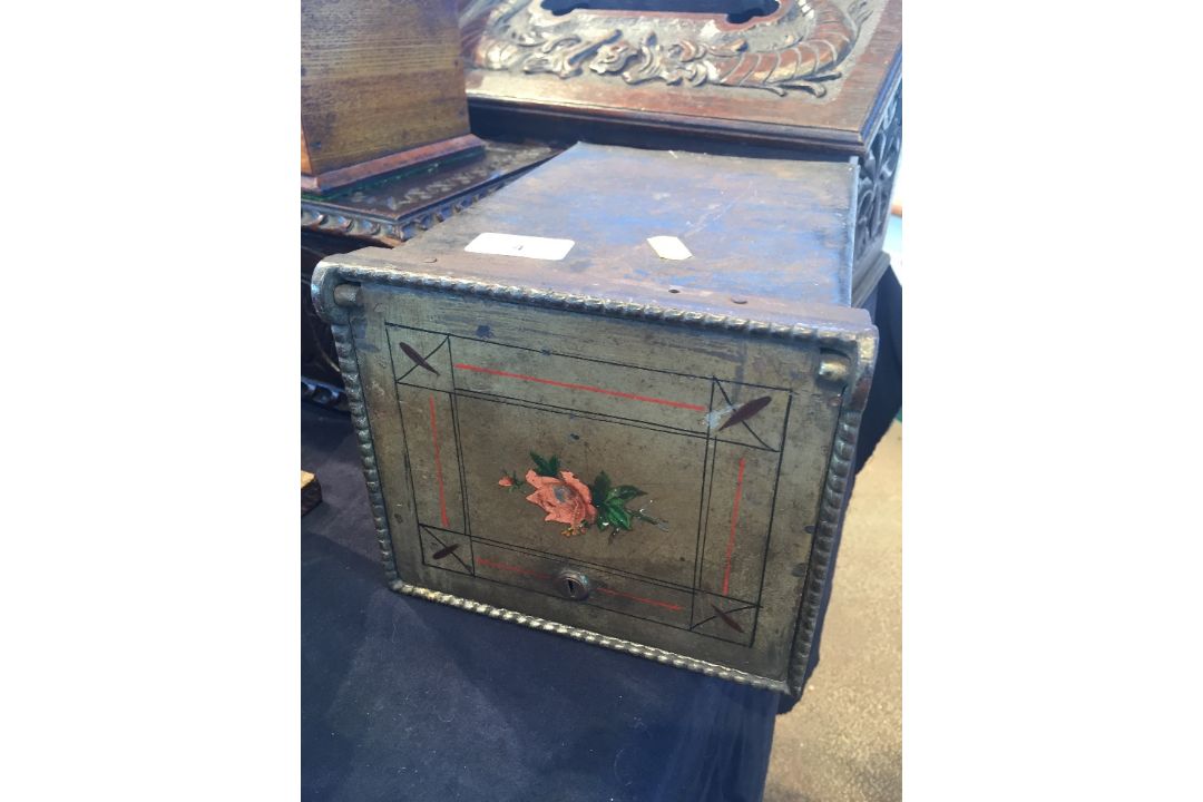 A Victorian decorated metal wall safe The fall front worked with a floral spray. 24.5 cm deep. - Image 2 of 5