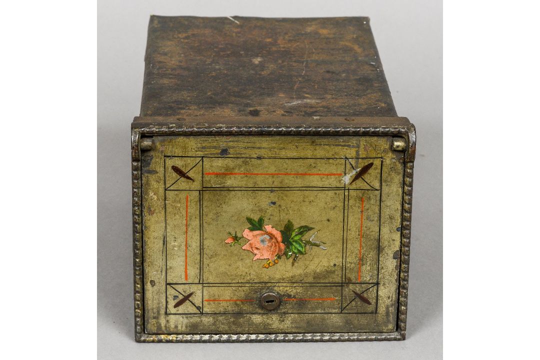 A Victorian decorated metal wall safe The fall front worked with a floral spray. 24.5 cm deep. - Image 1 of 5