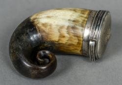 A Scottish unmarked white metal mounted horn snuff mull Of typical hinged form. 8 cm high.