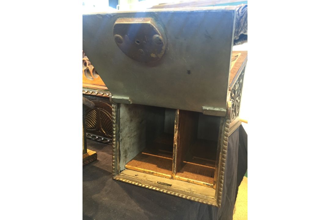 A Victorian decorated metal wall safe The fall front worked with a floral spray. 24.5 cm deep. - Image 4 of 5