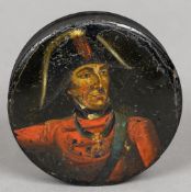 A 19th century papier mache snuff box Of circular section,