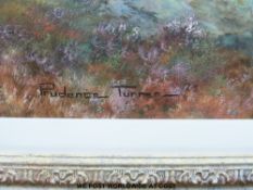 Prudence Turner (b 1930): Oil on canvas cattle watering in a highland river valley (49 x 74cm)