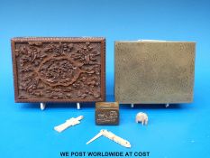 A 19th century  Chinese Canton carved wooden box together with  brass and  bronze examples