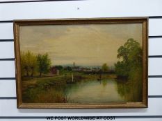 R Allen: Oil on board of boats on the Severn near a lock with views of Gloucester and the cathedral,