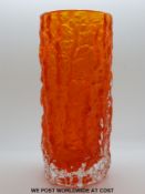 Geoffrey Baxter for Whitefriars tangerine glass textured bark vase of cylindrical form (18.