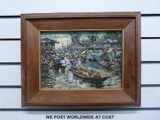 Three oil on canvas of Eastern water market scenes in oak frames,