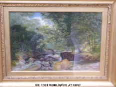 Ephraim Pugh oil on canvas of two ladies sitting on a bridge over a river with other ladies walking