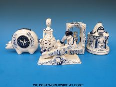 Five Wilfred Gibson blue and white ceramic items, a bell in the form of a lady, a pastille burner,