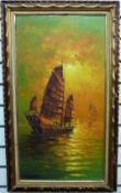 Oil on canvas of Eastern fishing vessel at sunset,