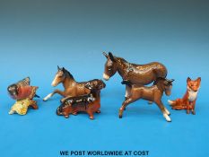 Five Beswick animals to include a foal, a donkey/mule, a bullfinch,