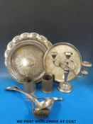 A box of plated ware, copper etc to include Guernsey cream jug, kettle, ladles,