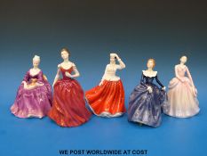 Five Royal Doulton figurines to include Gail, Innocence, Barbara,