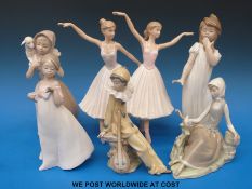 Five Nao and Lladro figures and one figure of dancing girls from the Leonardo Collection