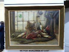 An oil on canvas of a fisherman's catch,