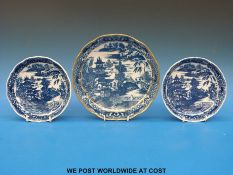 Three Caughley porcelain blue and white dishes with pagoda pattern