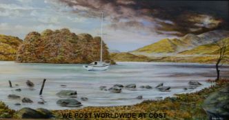 Robin St Clair oil on board of a boat at anchor during a storm on lake Windermere.