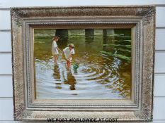 John Haskins oil on board children in stream,