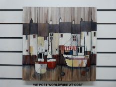 A modern oil on canvas fishing boats at the quayside, signed D.