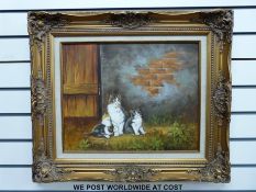 V Leroy: Oil on canvas of four cats outside a barn (40cm x 50cm)