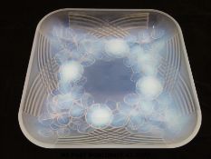 Julien (France) opalescent glass fruit bowl of square form decorated with flowers amongst foliage