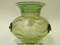 Loetz Orpheus iridescent glass vase with applied green roundels and threaded decoration to the neck