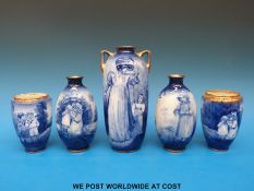 Five Royal Doulton Blue Children and flow blue vases (tallest 21cm)