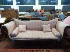 A 19thC mahogany double scroll ended sofa with shaped back and scroll pediment,