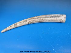 A resin scrimshaw style tusk with detailed illustration 'The Bark Cavalier of New Bedford'