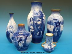 Five Royal Doulton Blue Children and flow blue vases including a miniature two handled example