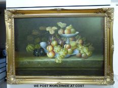 Large framed oil on canvas fruit in bowls in gilt frame (60 x 90cm)