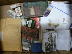 A collection of postcards, cigarette cards, stamps,