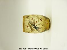 Moser enamelled and gilt amber glass beaker of bulbous form all over decorated with dragonflies and