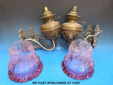 Two Victorian wall mounted oil lamps converted to electric with pierced brackets and etched
