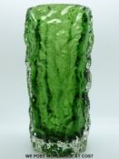 Geoffrey Baxter for Whitefriars meadow green glass textured bark vase of cylindrical form (18.