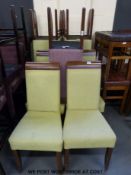 Eight upholstered lime green dining chairs with drop in upholstered seats and one other