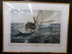 After Charles Napier Hemy: Signed colour print of a sloop under sail with three-man crew.