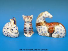 Three Royal Crown Derby paperweights, a horse, a cat and a rabbit,