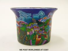 An unusual glass pot with millefiori design in the form of village scene and flared rim, 2,