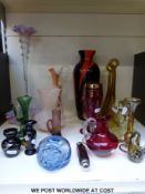 A quantity of coloured glass vases, paperweights etc including an epergne, Mdina,