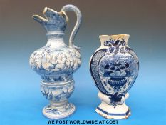 A 19thC blue and white Cantagalli ewer in the Delft style and a Delft vase