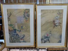 A pair of large 18thC / 19thC Chinese watercolours on silk depicting mythical scenes (61cm x86cm)